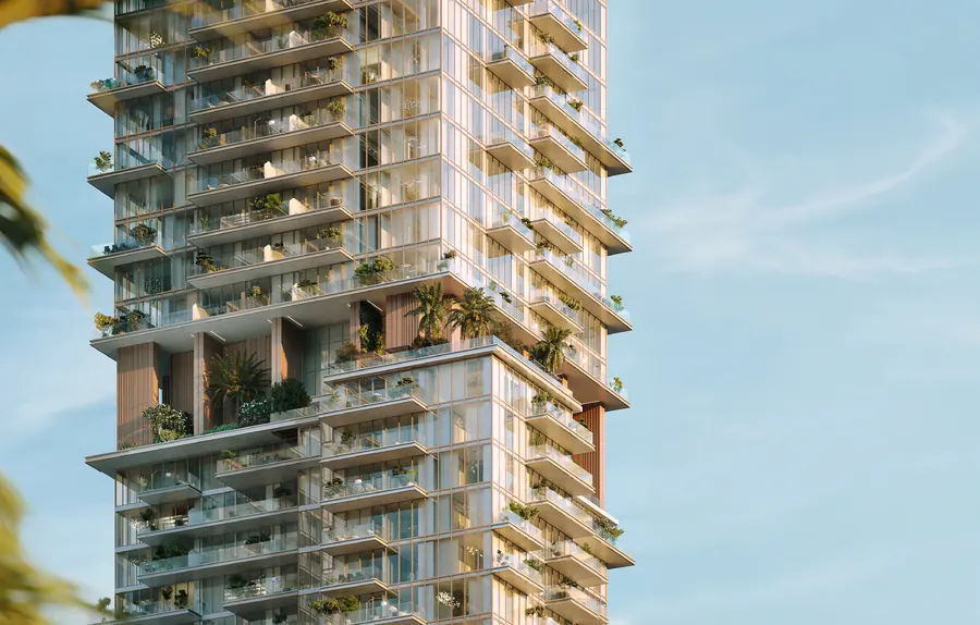 Stepped terraces and planted balconies on the residential tower